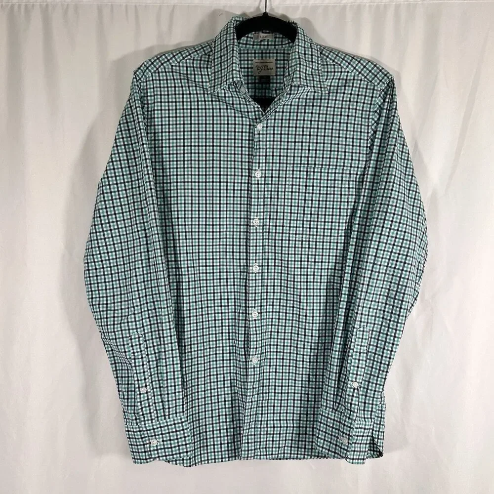 J. Crew Dress Shirt Men's Small Green Plaid 100% Cotton Shirting Slim Fit Long S